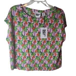Bouffants and Broken Hearts Bright Pink Flamingo Print Short Sleeve Blouse, NWT